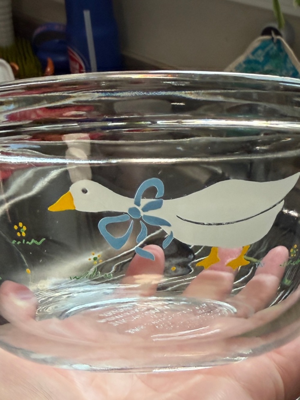 Anchor Hocking 1 Quart Clear Glass Mixing Bowl with White Goose and Blue Bow